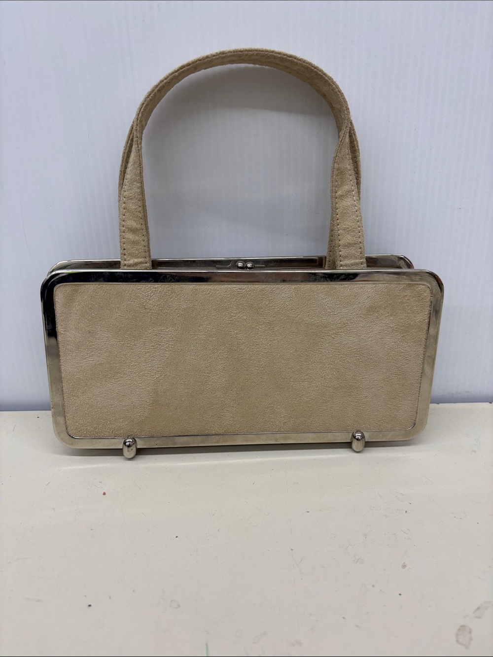 Sondra Roberts Beige Suede Frame Handbag